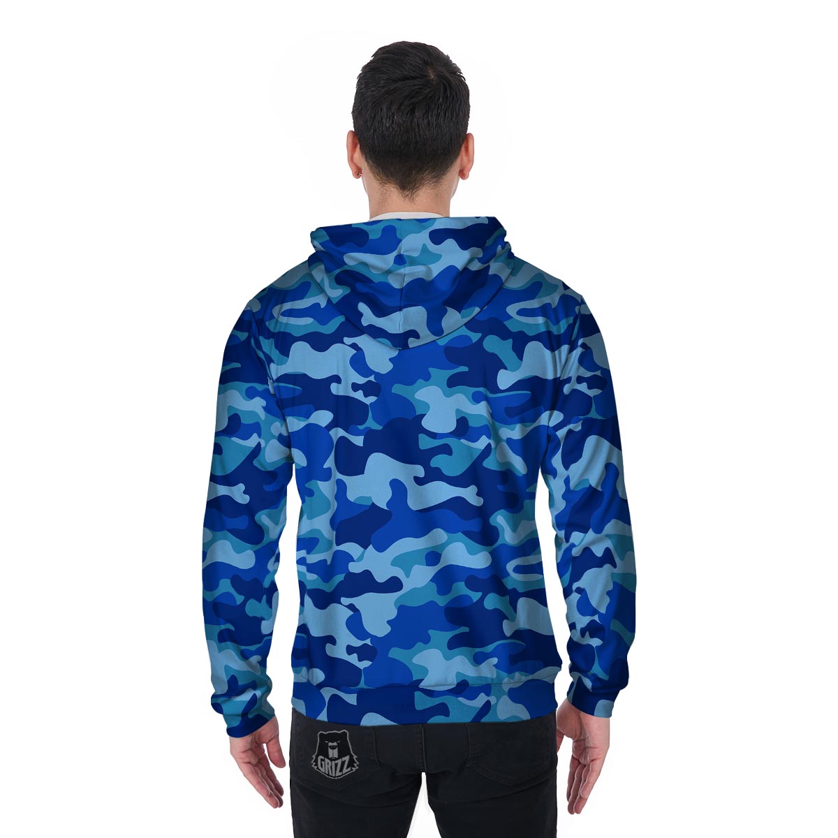 Blue Camo Print Men's Zip Up Hoodie-grizzshop