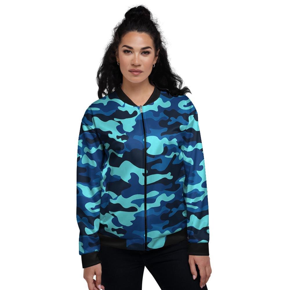 Blue Camoflage Print Women's Bomber Jacket-grizzshop