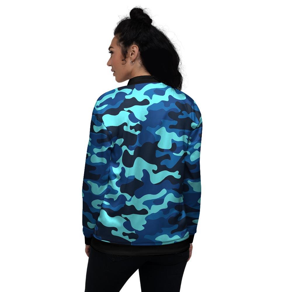 Blue Camoflage Print Women's Bomber Jacket-grizzshop