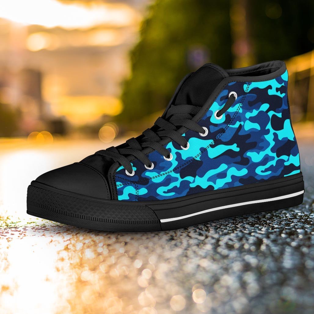 Blue Camoflage Print Women's High Top Shoes-grizzshop
