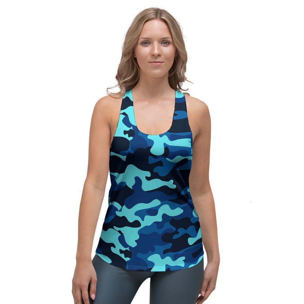 Blue Camoflage Print Women's Racerback Tank Top-grizzshop