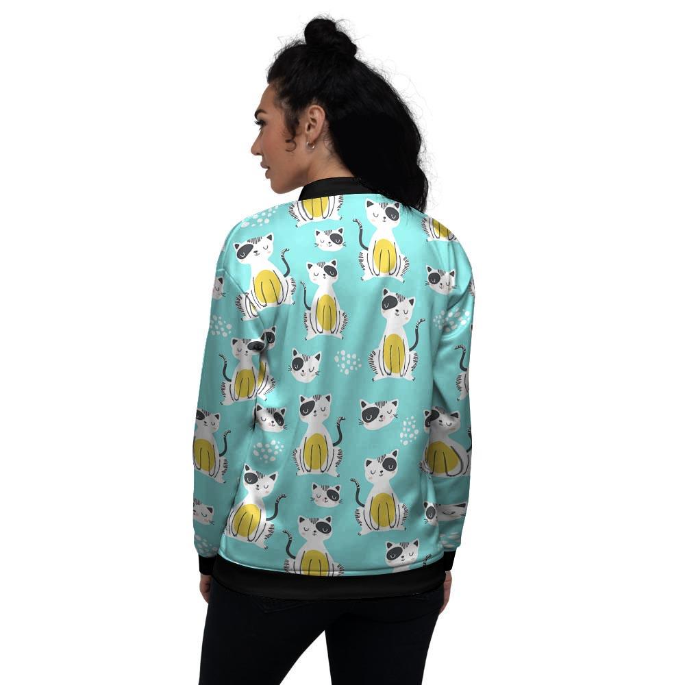 Blue Cat Print Women's Bomber Jacket-grizzshop
