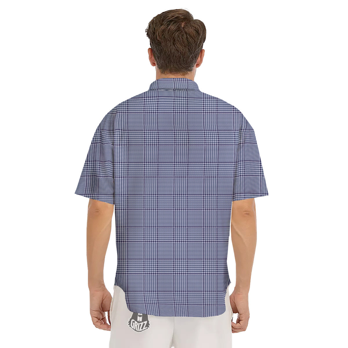 Blue Check Prince of Wales Print Men's Short Sleeve Shirts-grizzshop