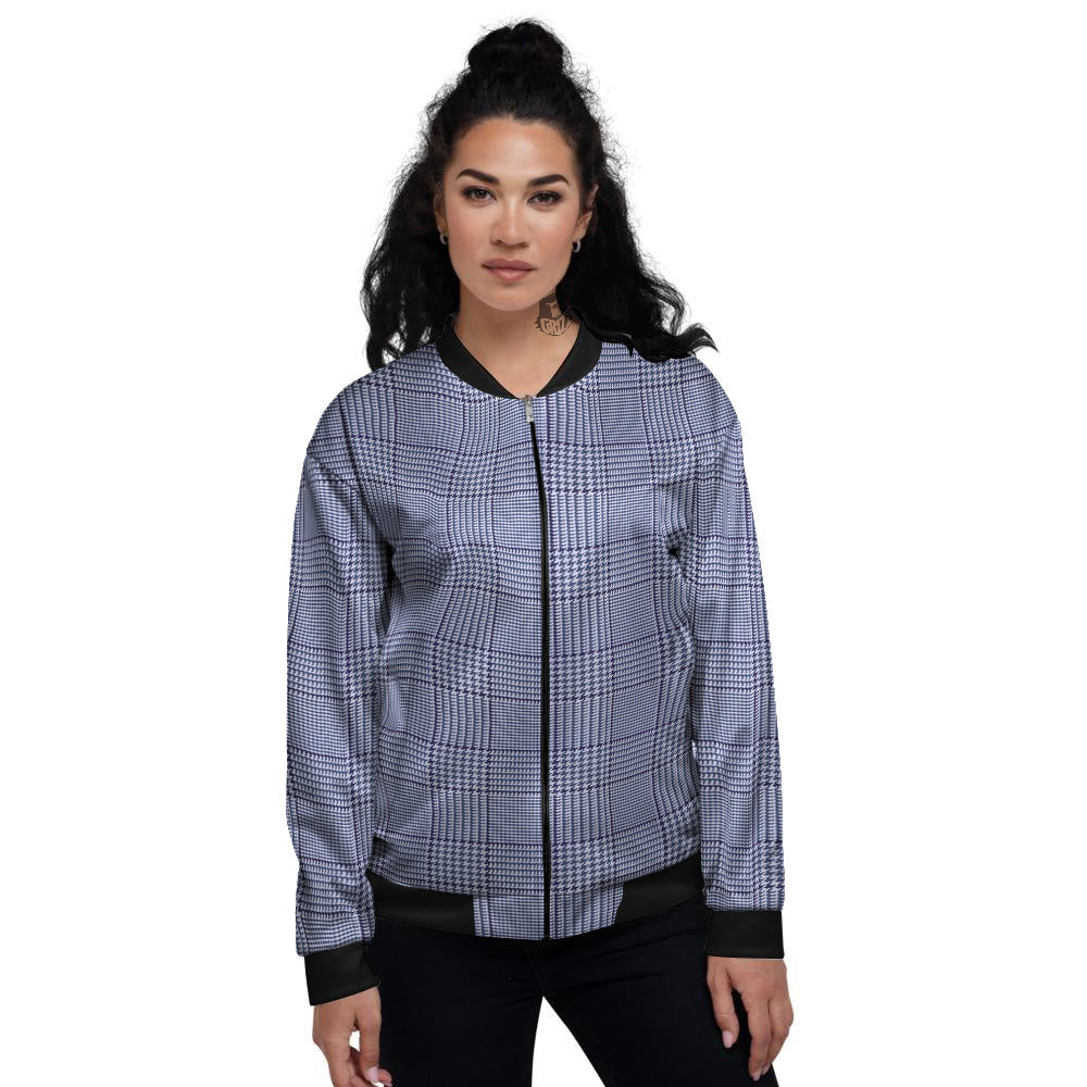 Blue Check Prince of Wales Print Women's Bomber Jacket-grizzshop