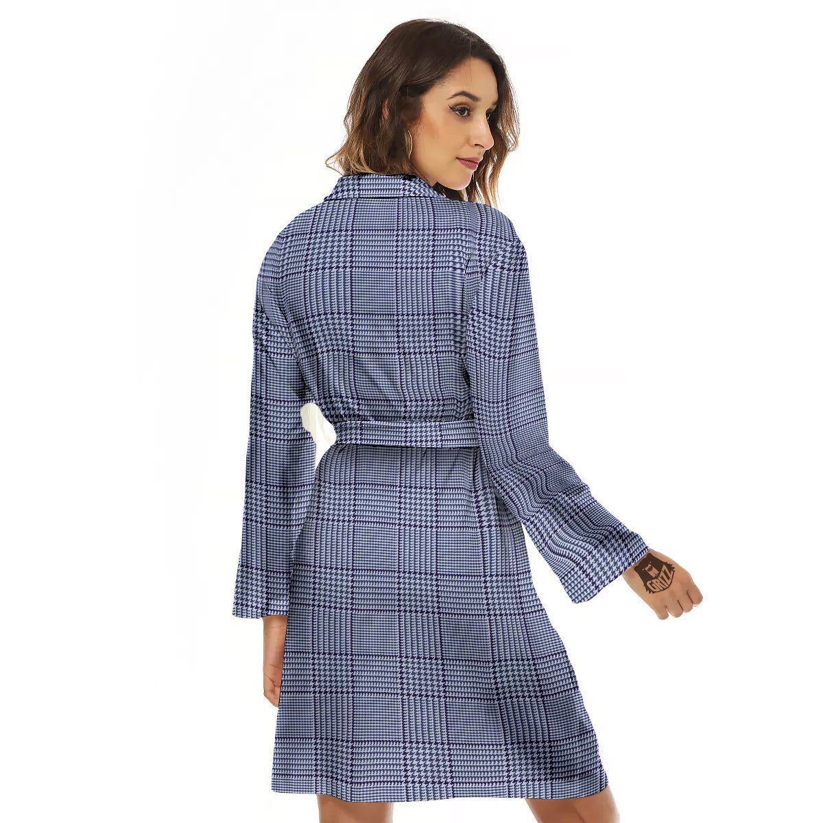 Blue Check Prince of Wales Print Women's Robe-grizzshop