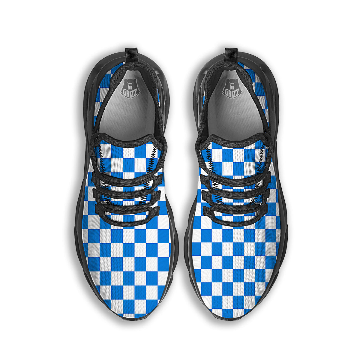 Blue Checkered Flag Print Black Running Shoes-grizzshop