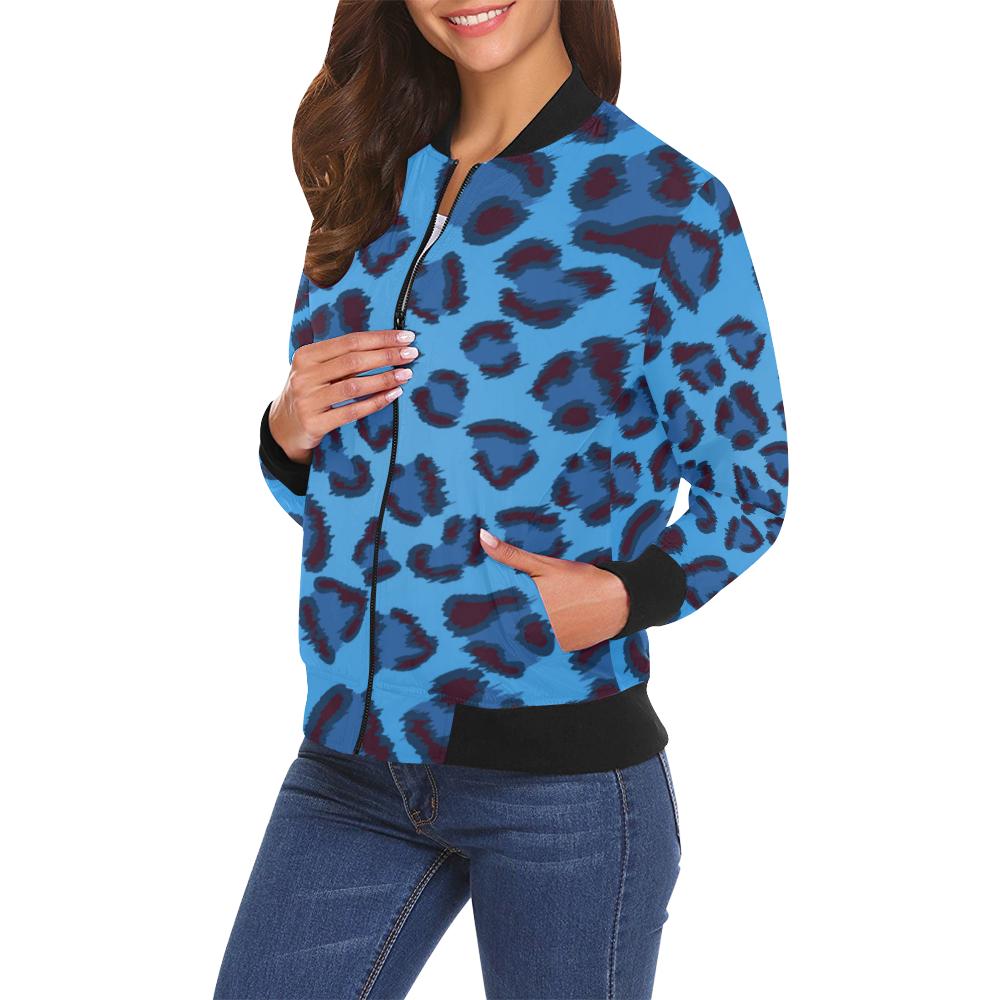 Blue Cheetah Leopard Pattern Print Women Casual Bomber Jacket-grizzshop