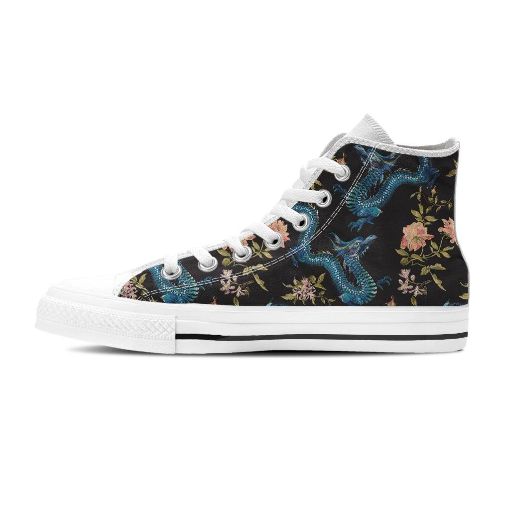 Blue Chinese Dragon Floral Print Women's High Top Shoes-grizzshop