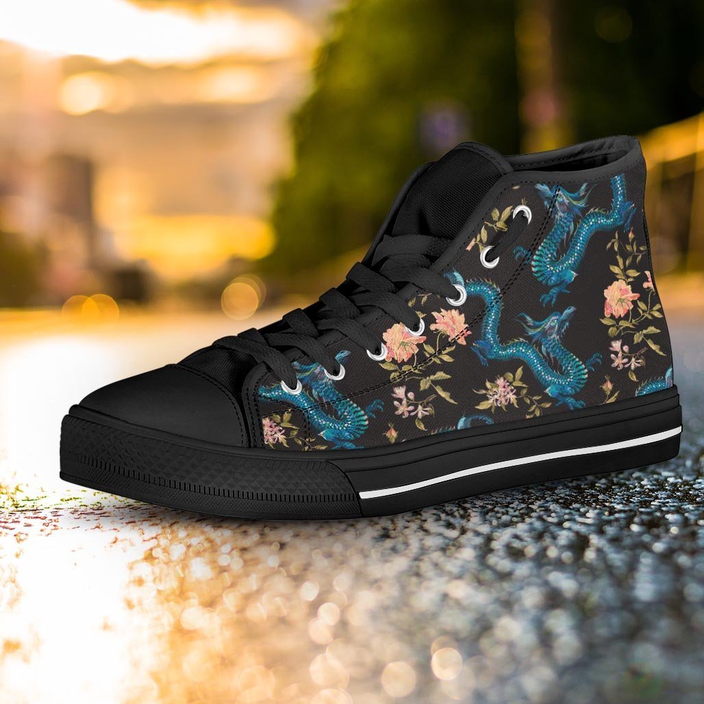 Blue Chinese Dragon Floral Print Women's High Top Shoes-grizzshop