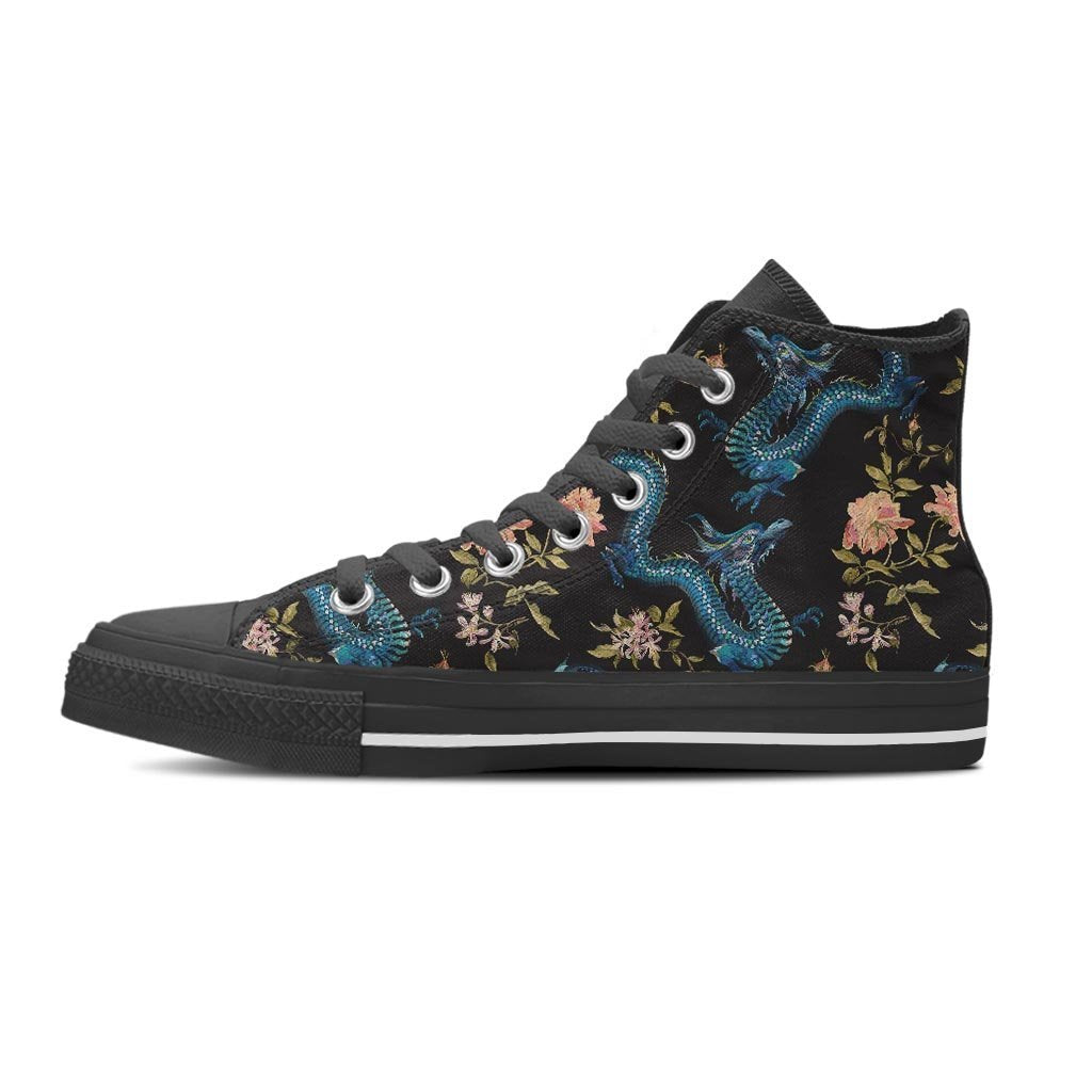 Blue Chinese Dragon Floral Print Women's High Top Shoes-grizzshop