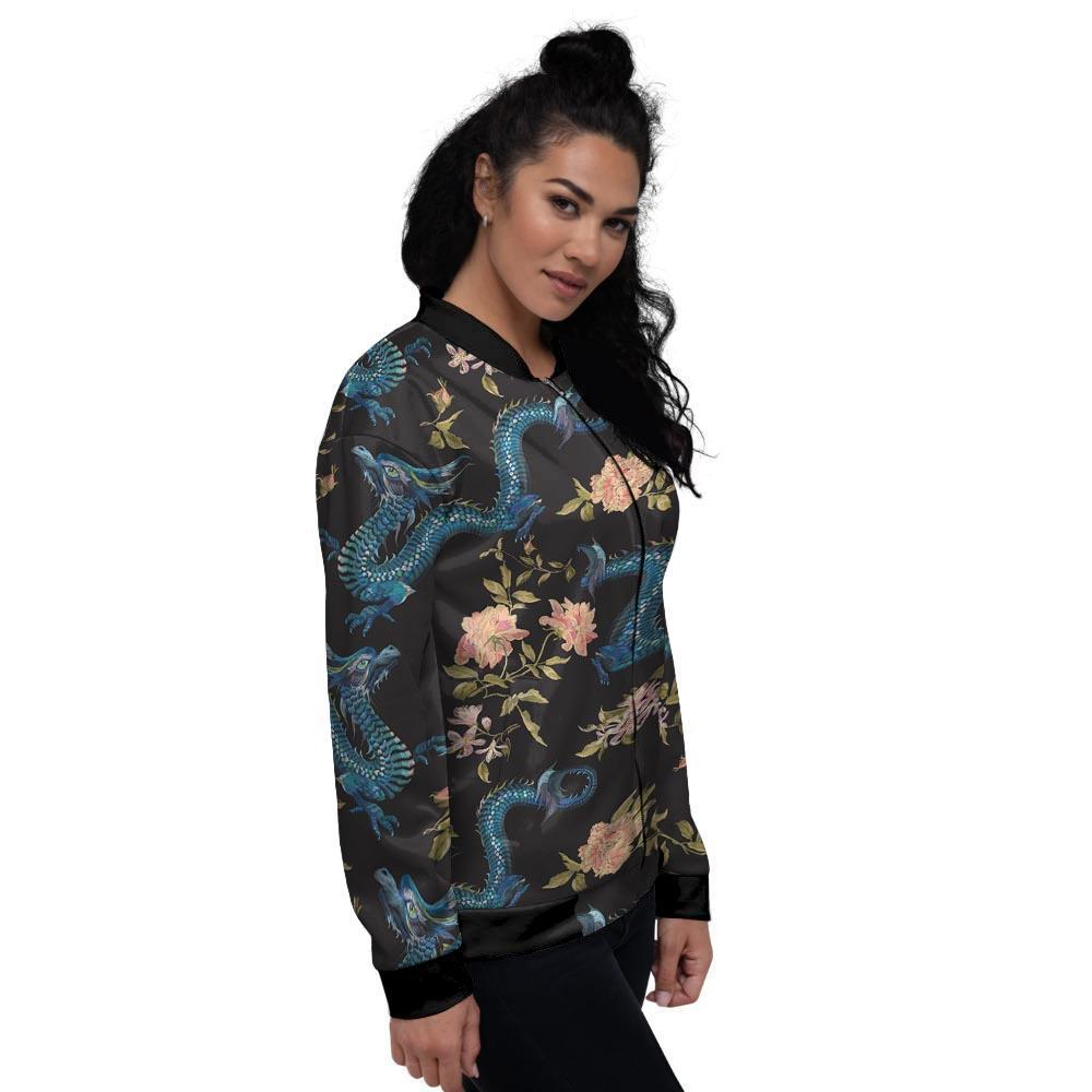 Blue Chinese Dragon Floral Print1 Women's Bomber Jacket-grizzshop