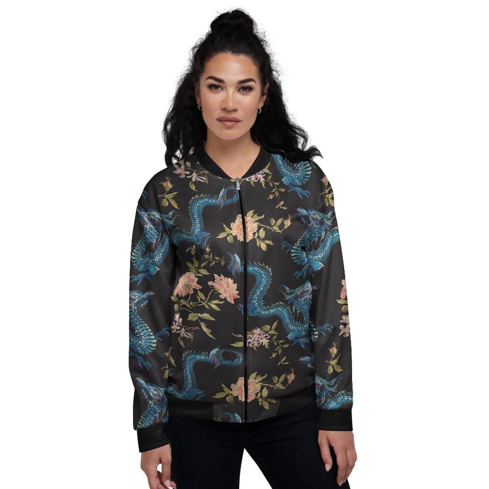 Blue Chinese Dragon Floral Print1 Women's Bomber Jacket-grizzshop