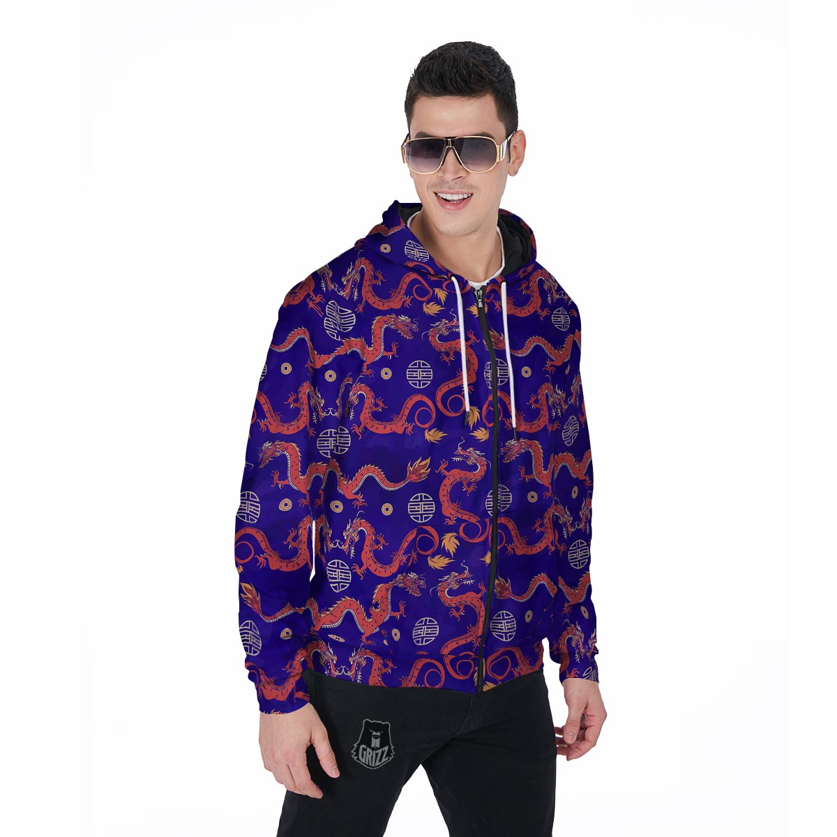 Blue Chinese Dragon Hoodie Men's Zip Up Hoodie-grizzshop