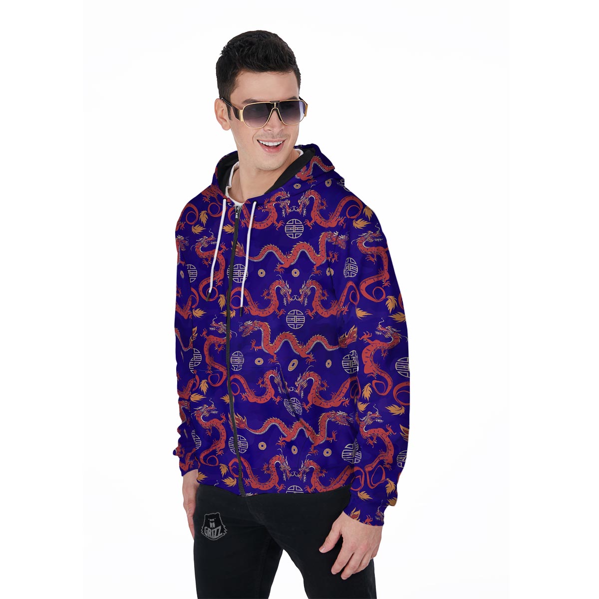 Blue Chinese Dragon Hoodie Men's Zip Up Hoodie-grizzshop