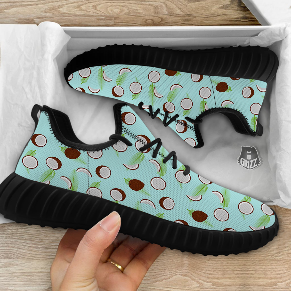 Blue Coconut Print Pattern Black Walking Shoes-grizzshop