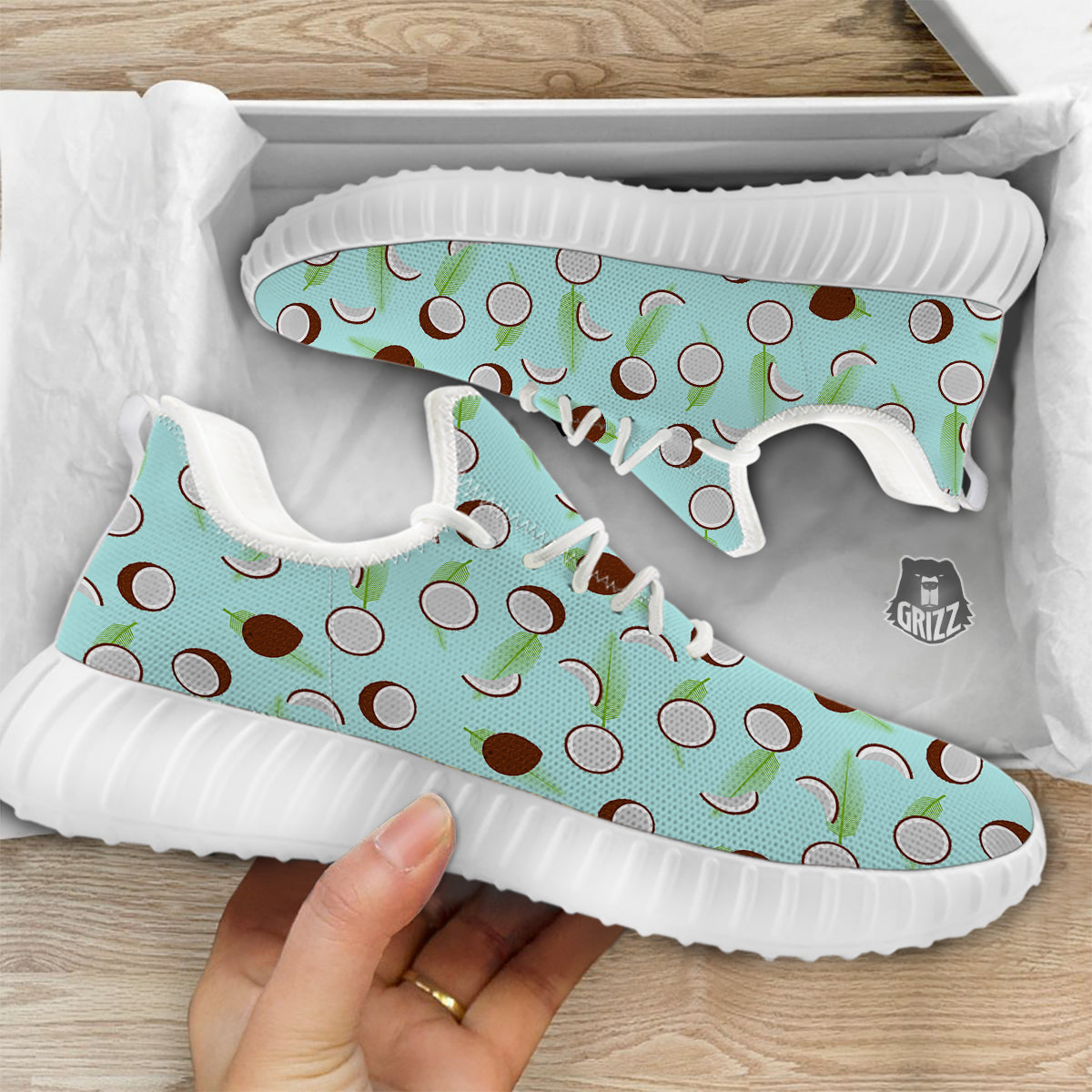Blue Coconut Print Pattern White Walking Shoes-grizzshop