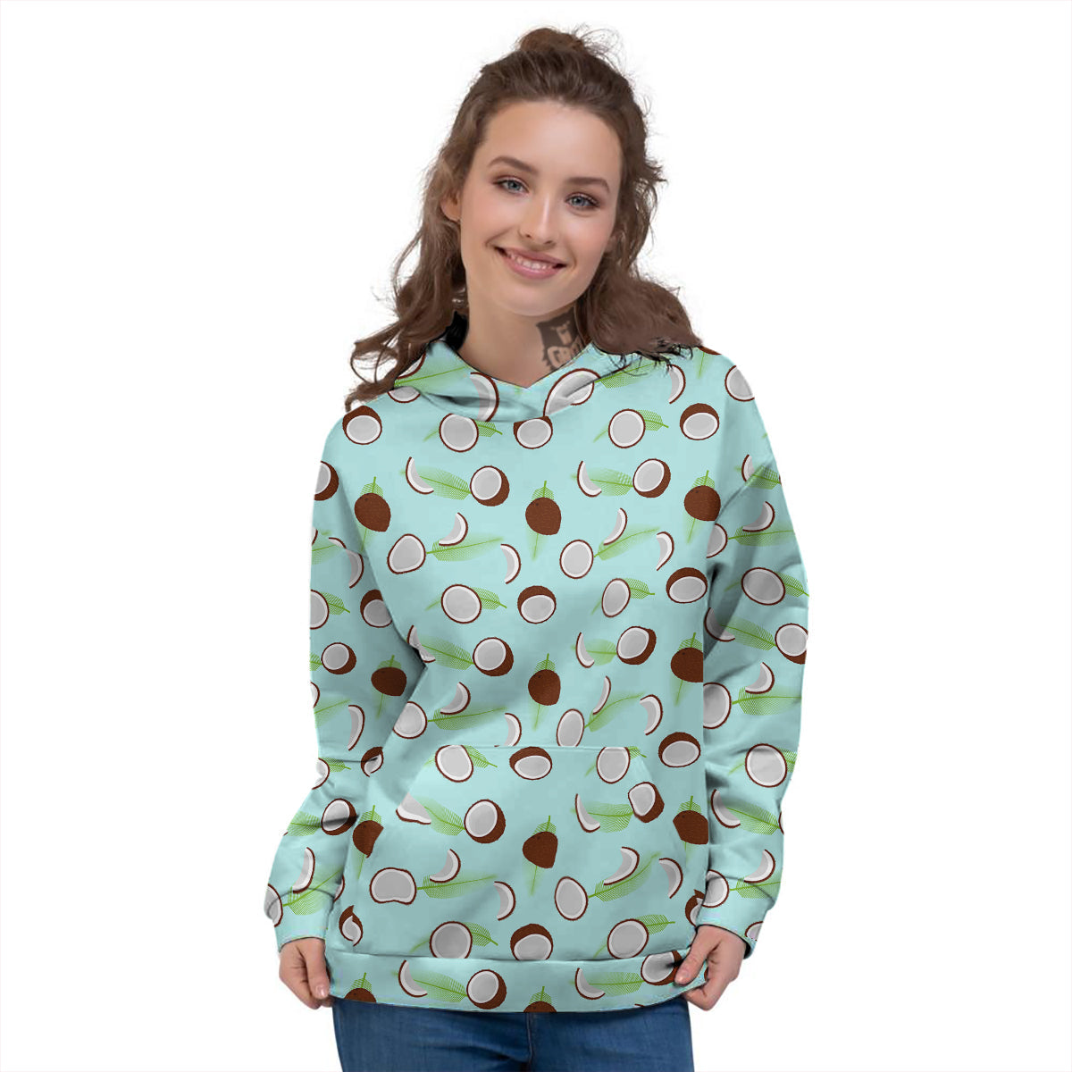 Blue Coconut Print Pattern Women's Hoodie-grizzshop
