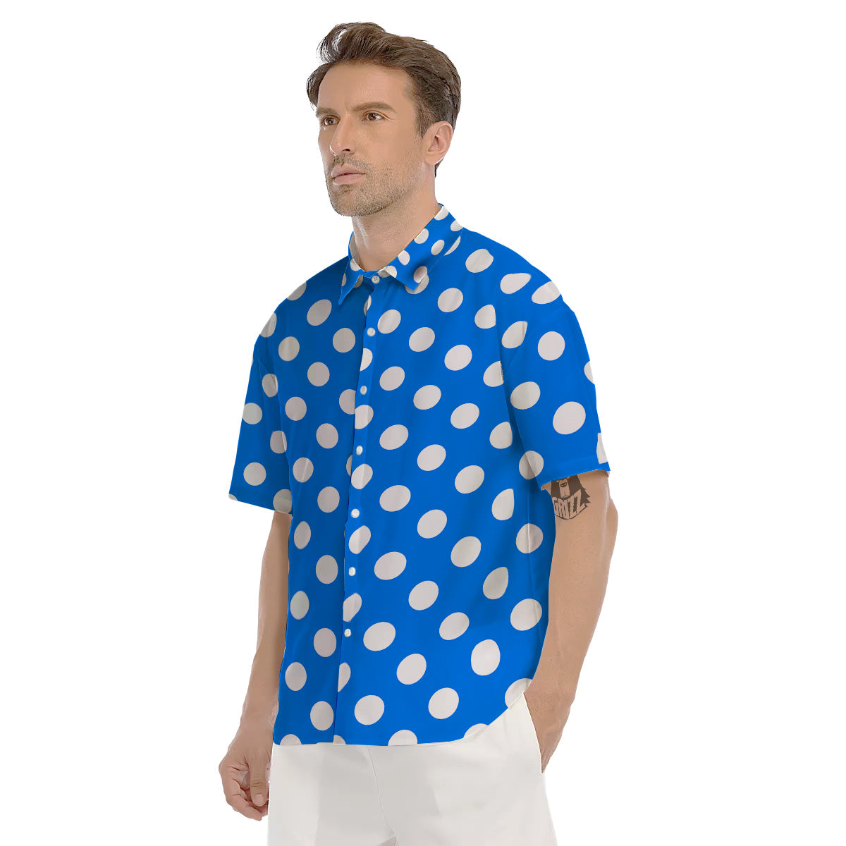 Blue Color Polka Dot Print Pattern Men's Short Sleeve Shirts-grizzshop