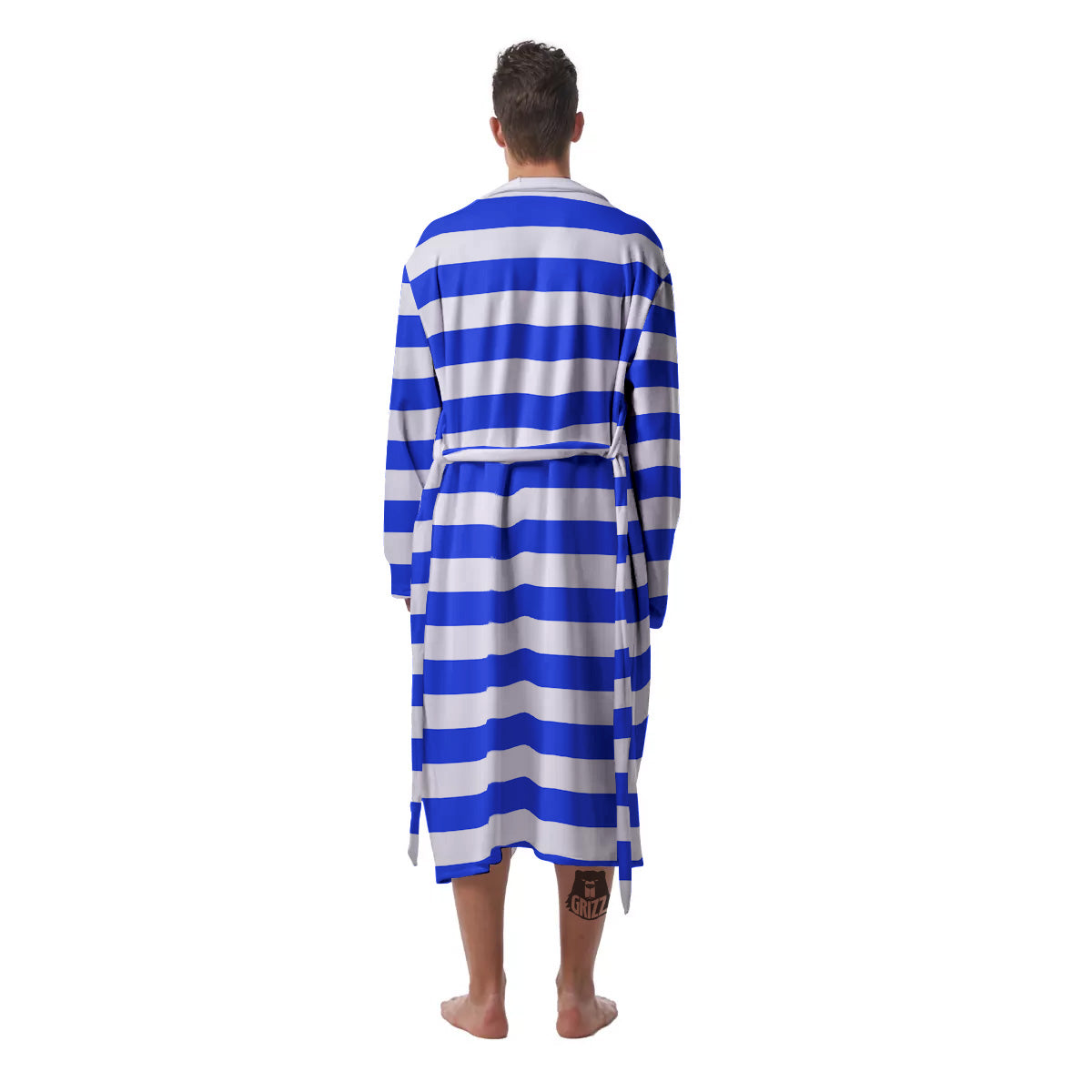 Blue Color Striped Print Men's Robe-grizzshop