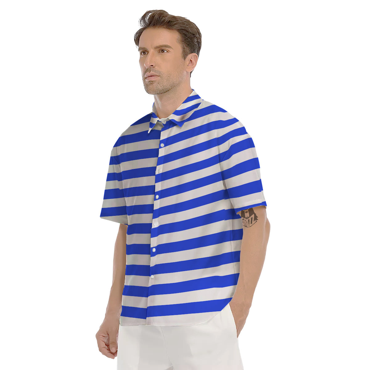 Blue Color Striped Print Men's Short Sleeve Shirts-grizzshop