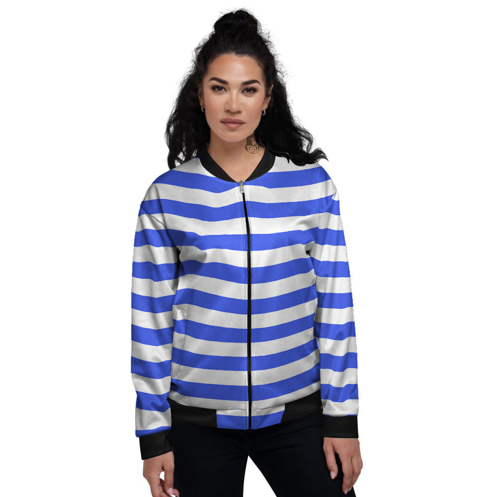 Blue Color Striped Print Women's Bomber Jacket-grizzshop