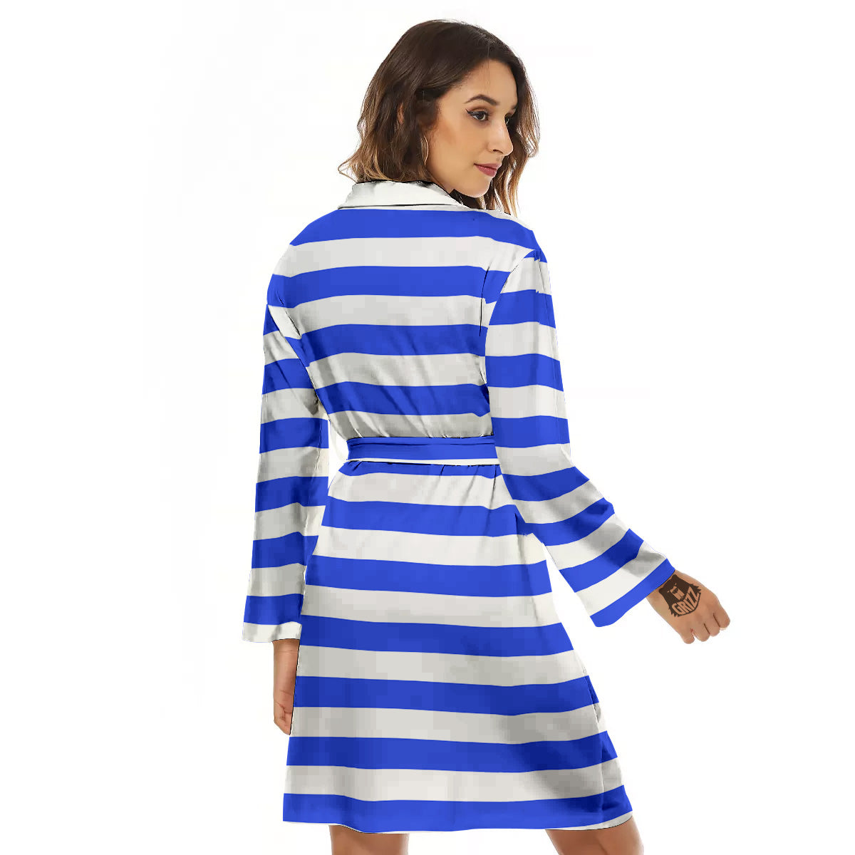 Blue Color Striped Print Women's Robe-grizzshop