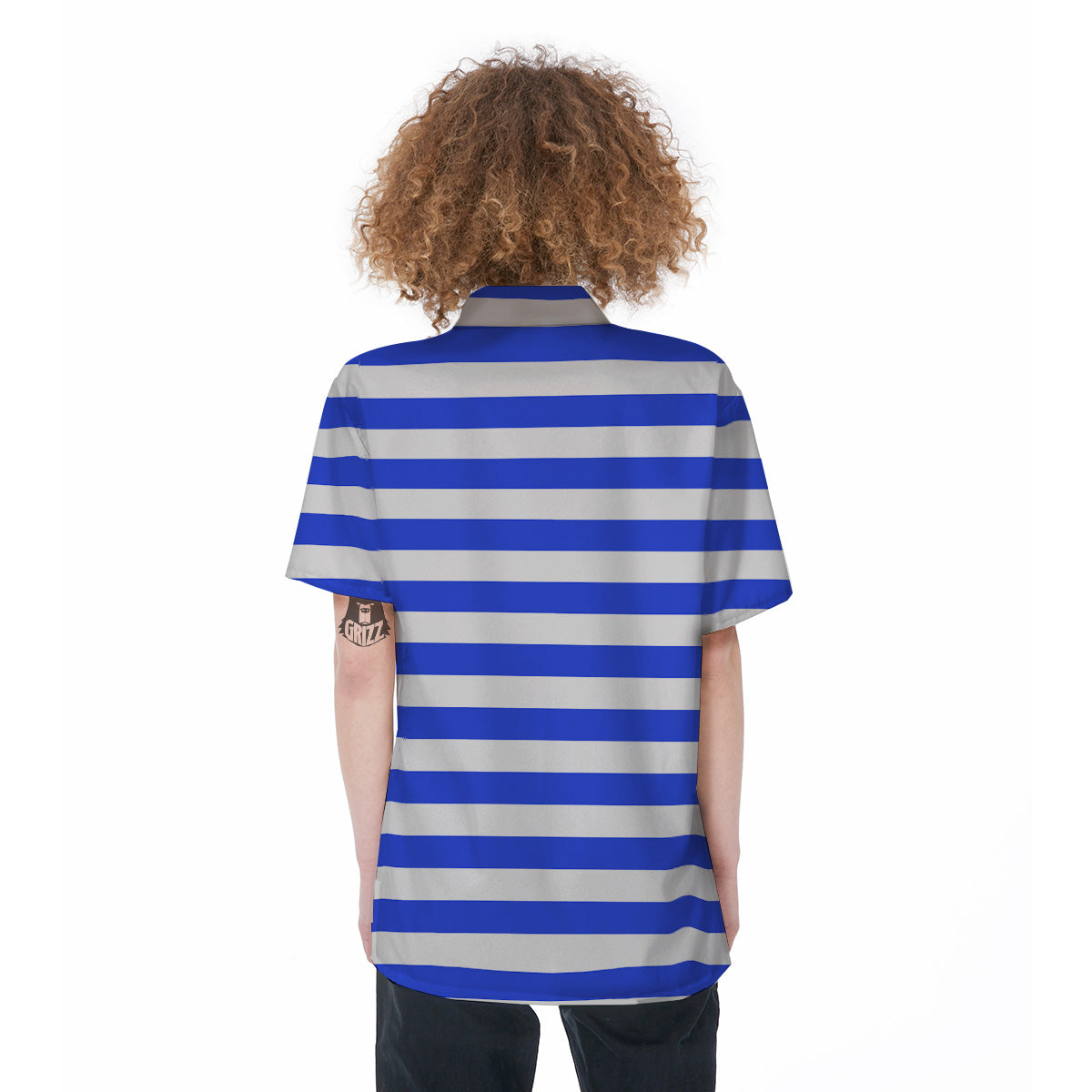 Blue Color Striped Print Women's Short Sleeve Shirts-grizzshop