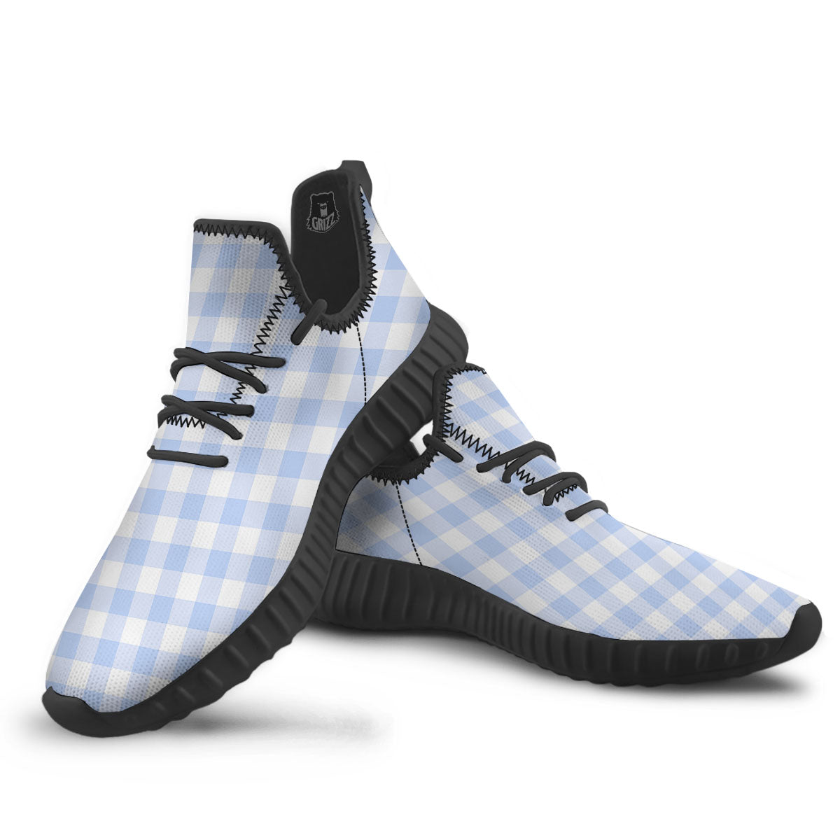 Blue Cornflower And White Gingham Print Black Walking Shoes-grizzshop