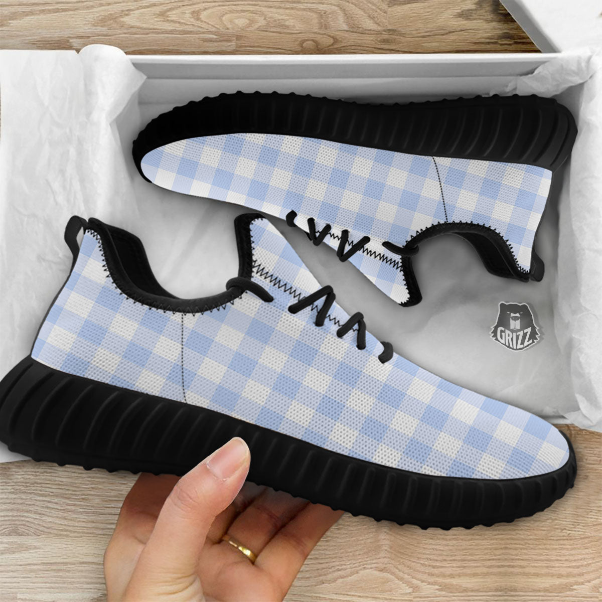 Blue Cornflower And White Gingham Print Black Walking Shoes-grizzshop