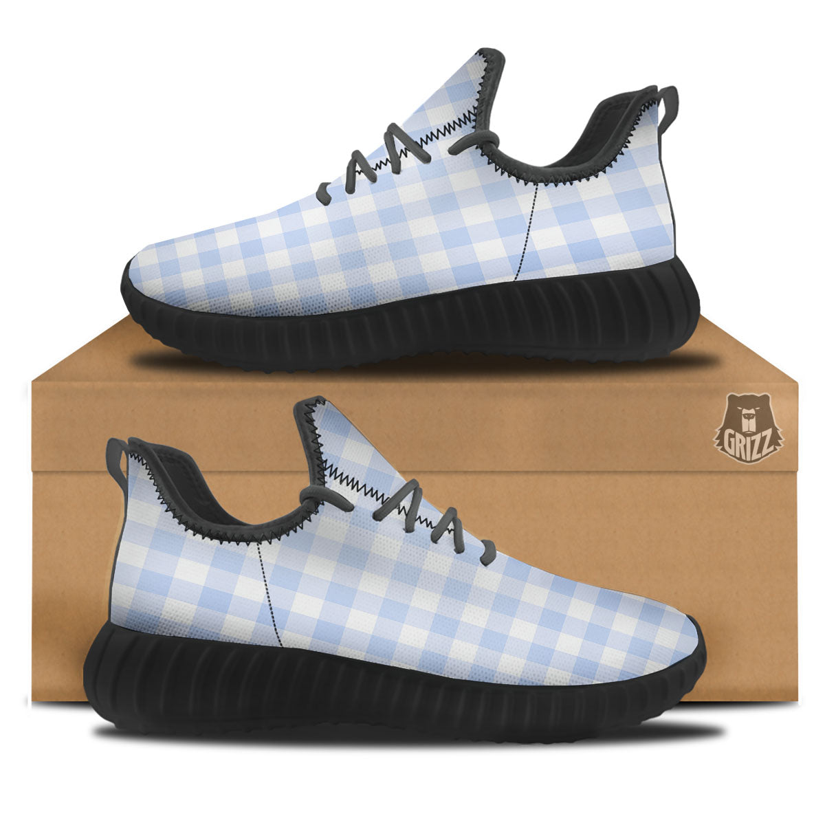Blue Cornflower And White Gingham Print Black Walking Shoes-grizzshop