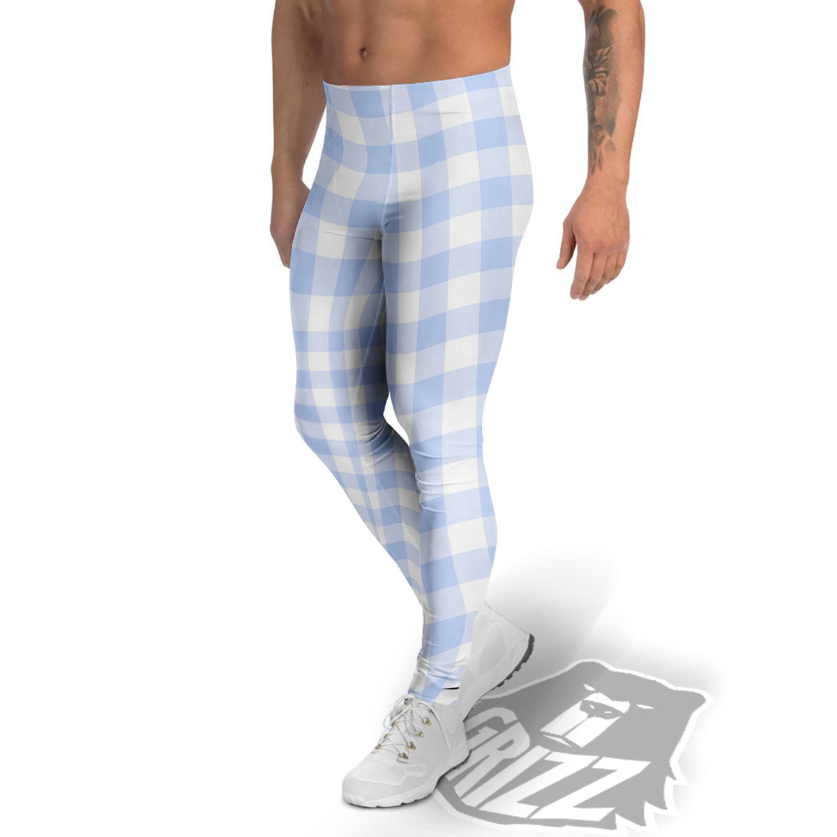Blue Cornflower And White Gingham Print Men's Leggings-grizzshop