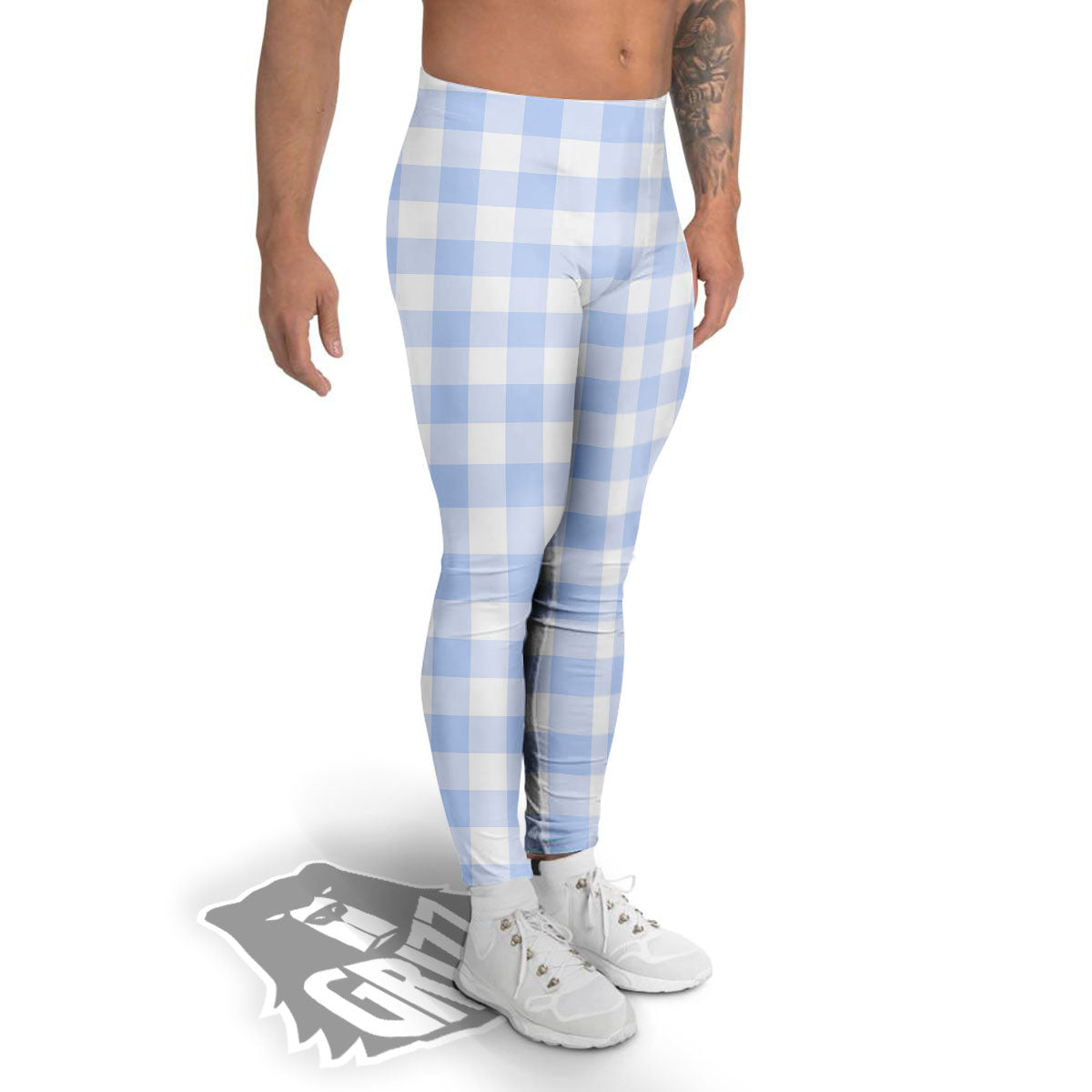 Blue Cornflower And White Gingham Print Men's Leggings-grizzshop