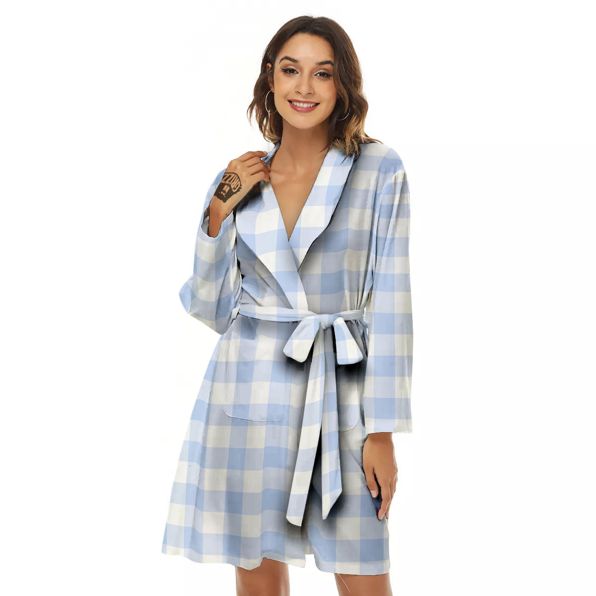 Blue Cornflower And White Gingham Print Women's Robe-grizzshop