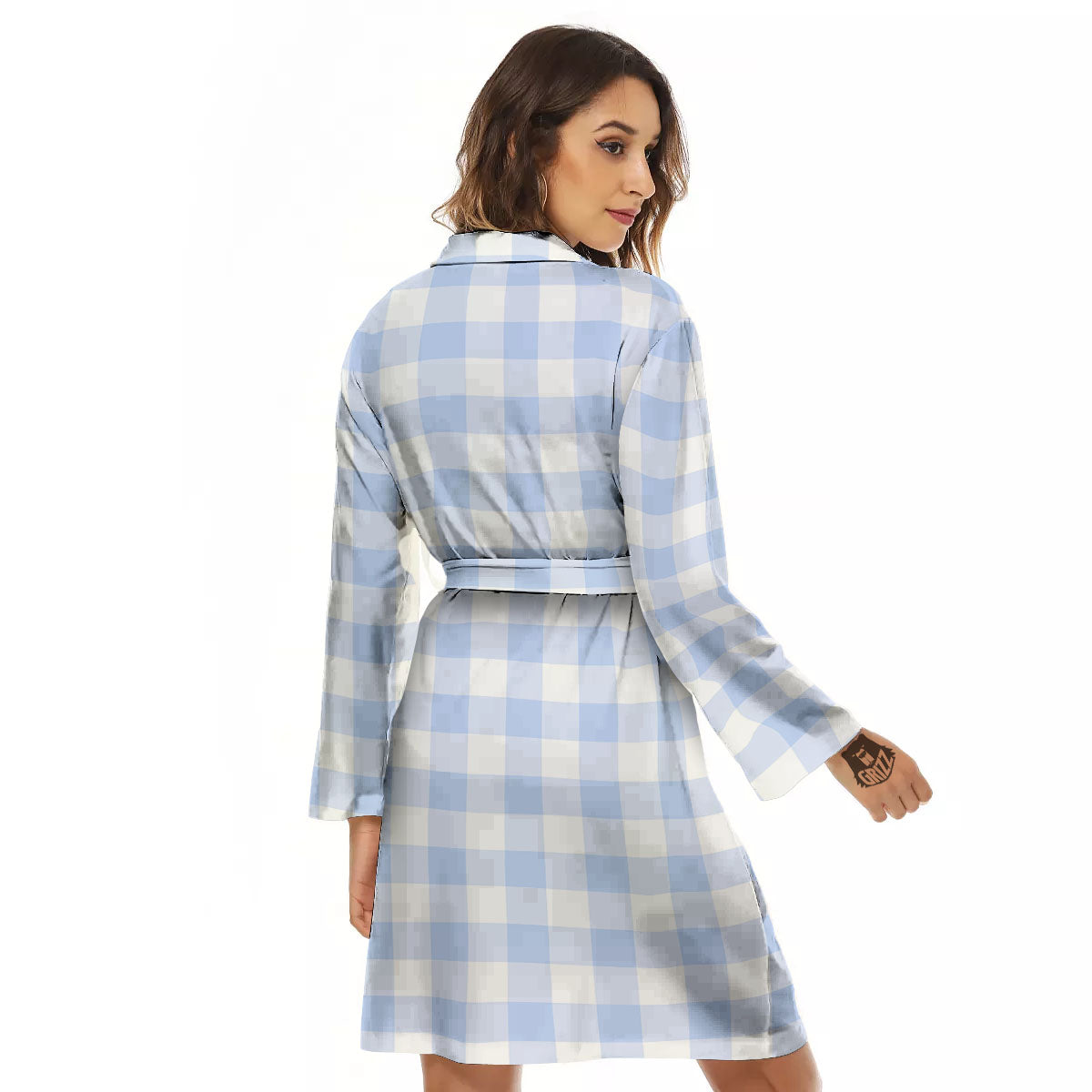 Blue Cornflower And White Gingham Print Women's Robe-grizzshop