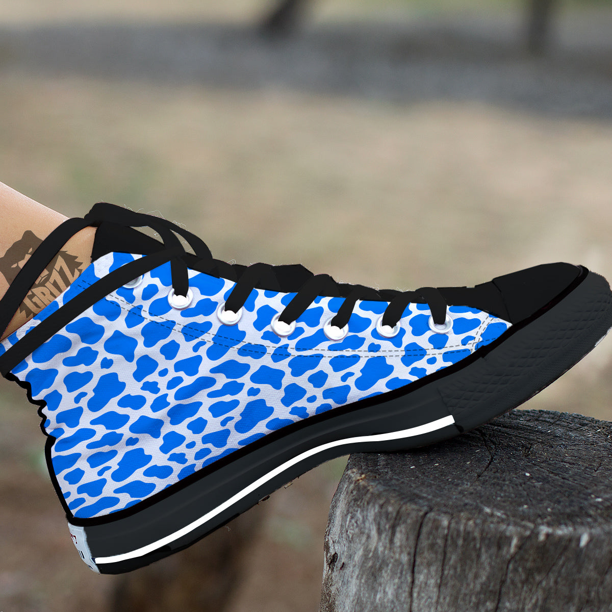 Blue Cow Print Pattern Black High Top Shoes-grizzshop