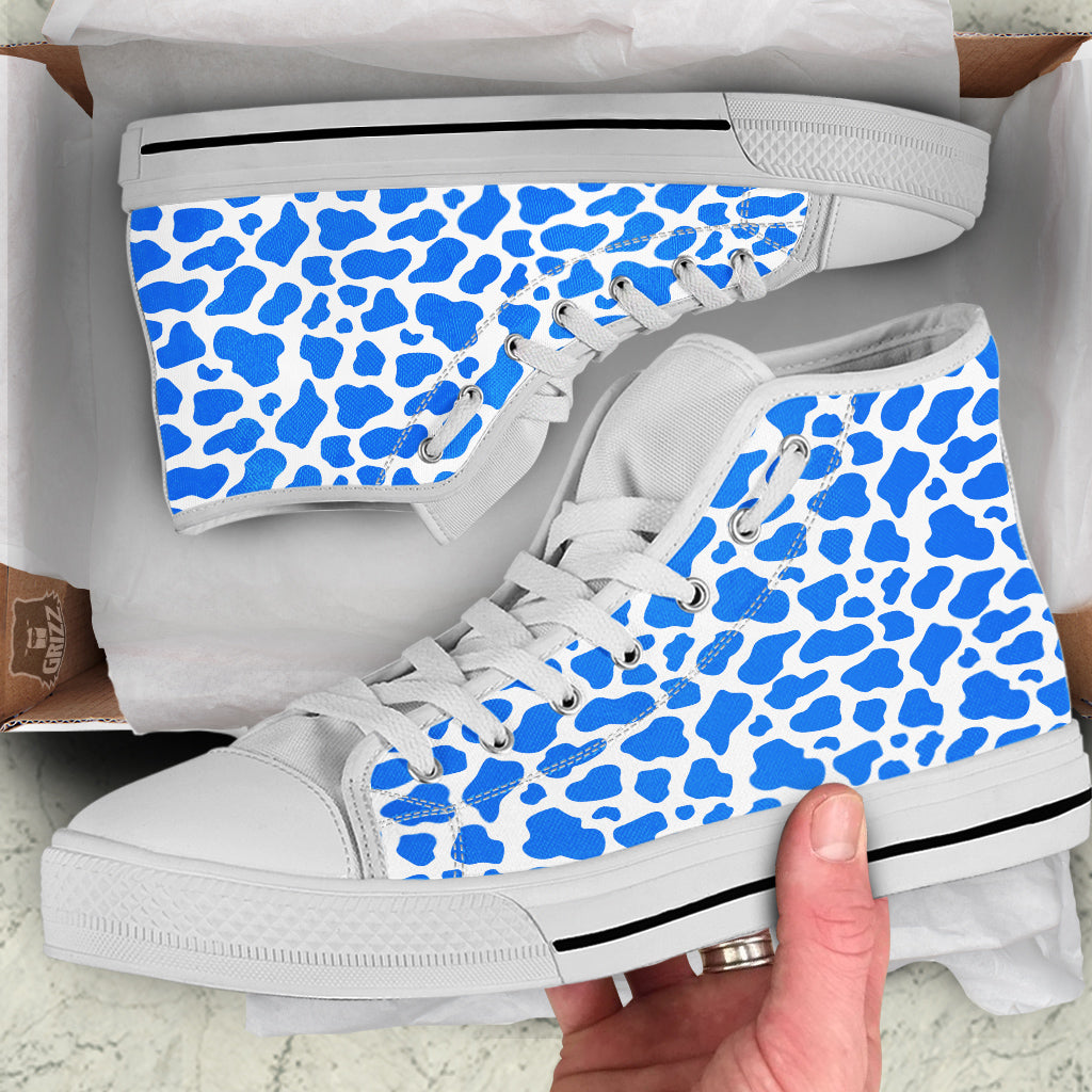 Blue Cow Print Pattern White High Top Shoes-grizzshop