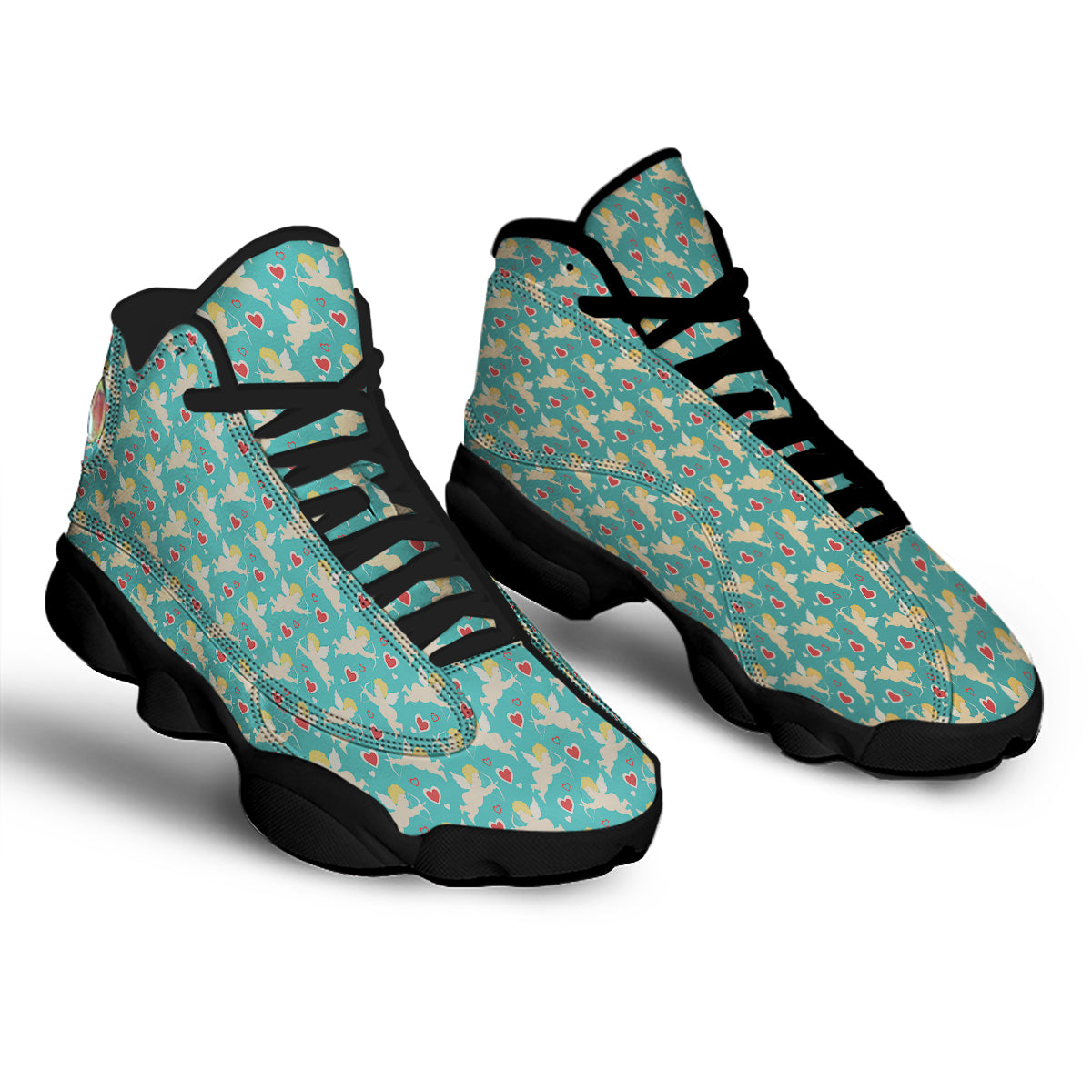Blue Cupid And Heart Print Pattern Black Basketball Shoes-grizzshop