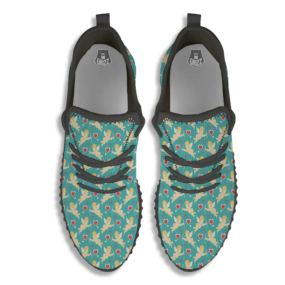 Blue Cupid And Heart Print Pattern Black Walking Shoes-grizzshop