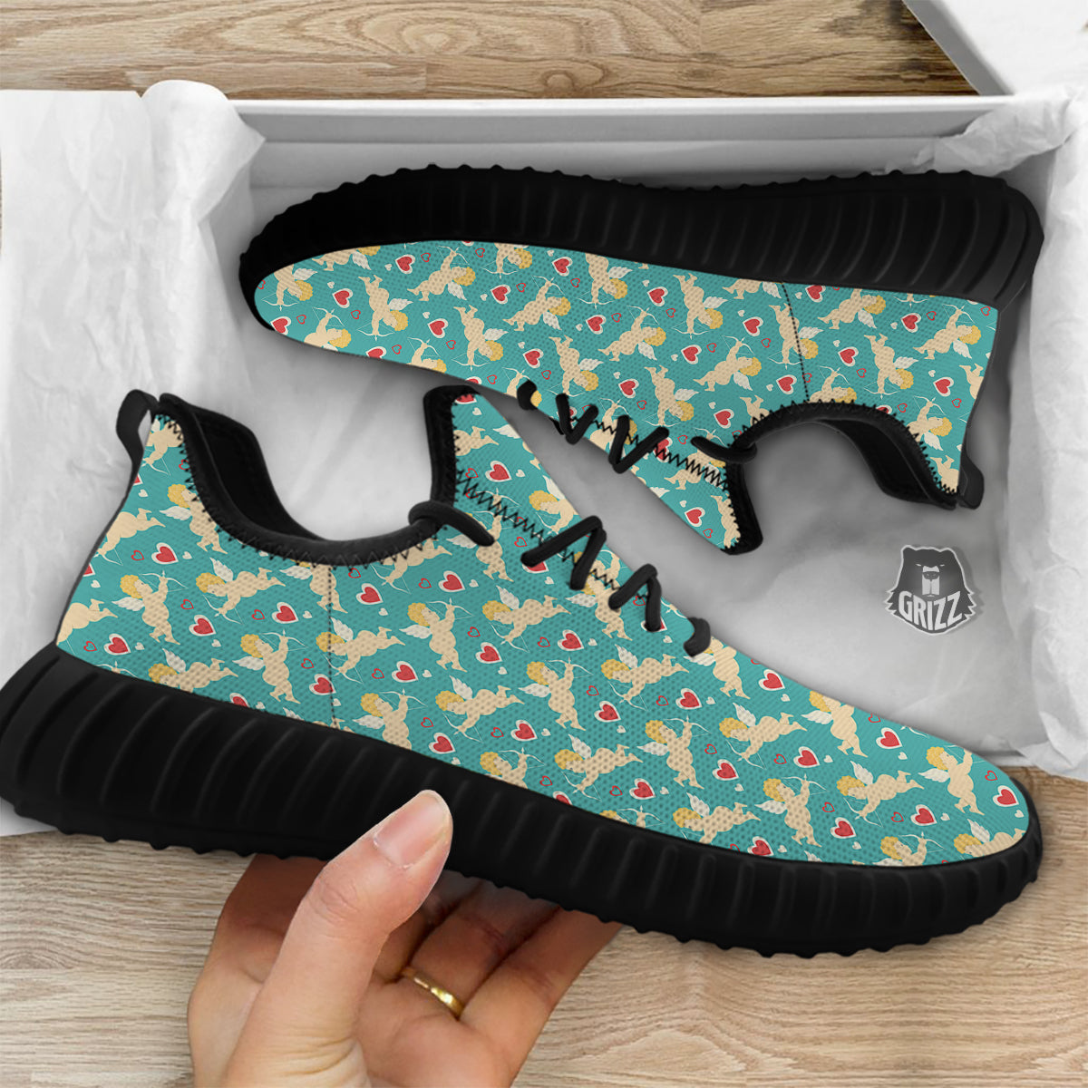Blue Cupid And Heart Print Pattern Black Walking Shoes-grizzshop