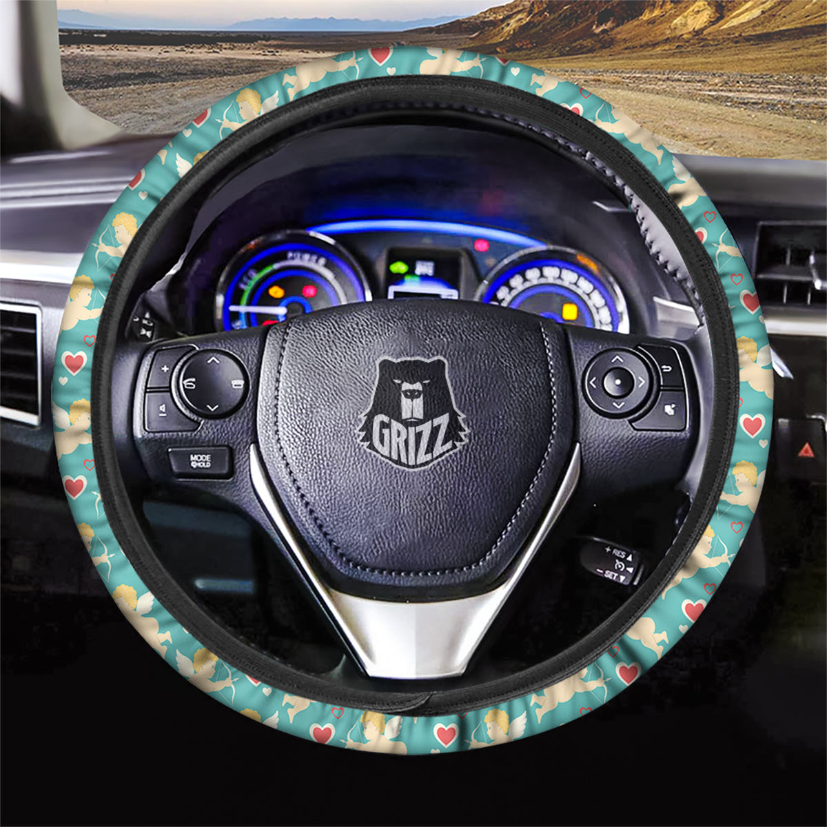 Blue Cupid And Heart Print Pattern Car Steering Wheel Cover-grizzshop