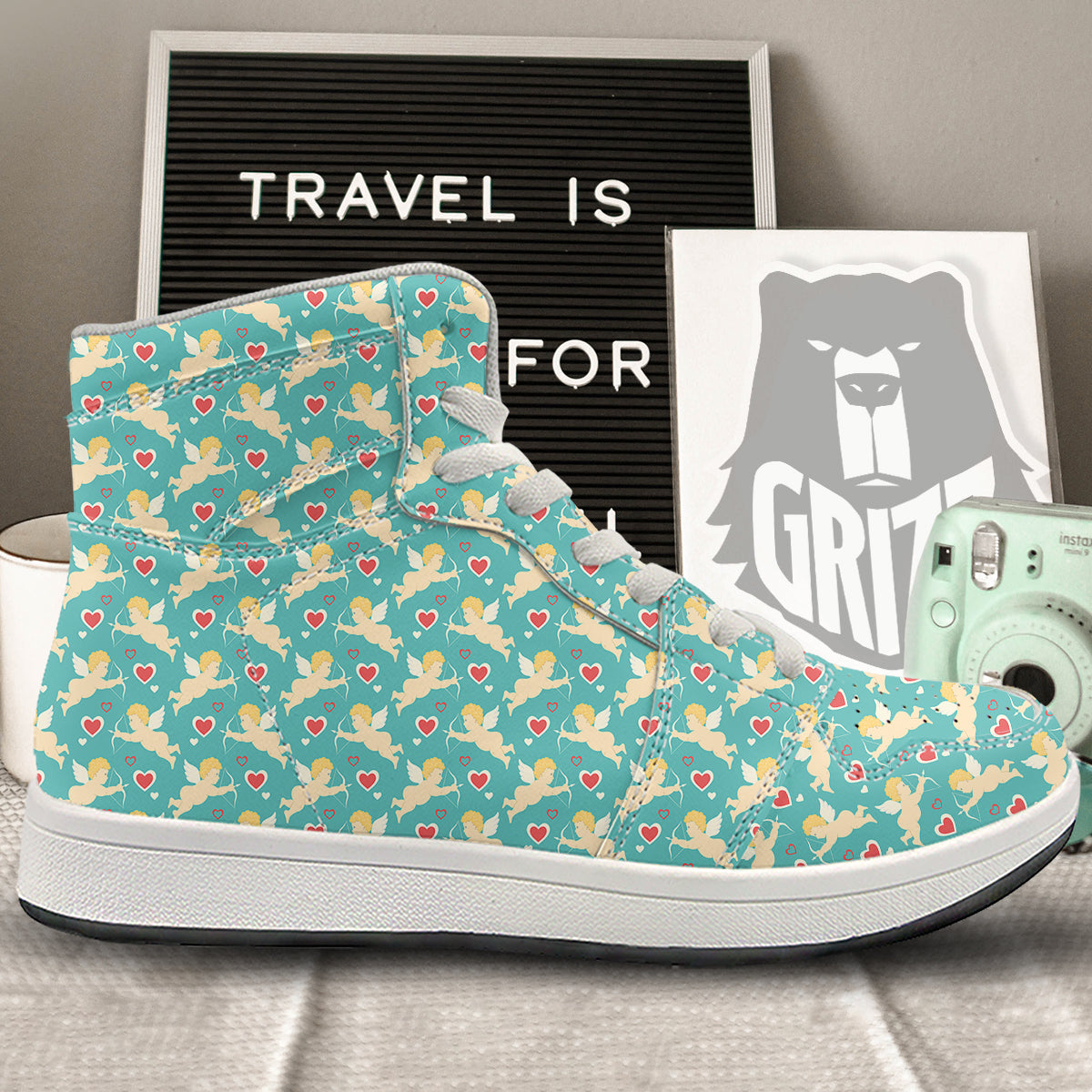 Blue Cupid And Heart Print Pattern High Top Sneakers-grizzshop
