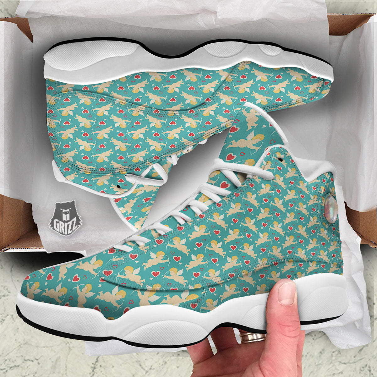 Blue Cupid And Heart Print Pattern White Basketball Shoes-grizzshop