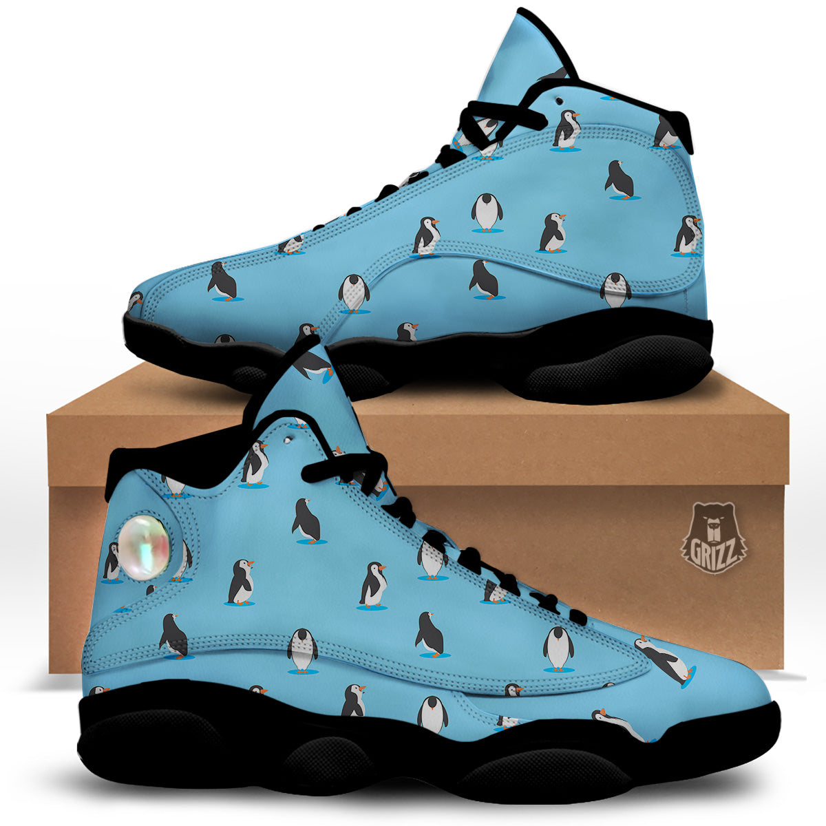 Blue Cute Penguin Print Pattern Black Basketball Shoes-grizzshop