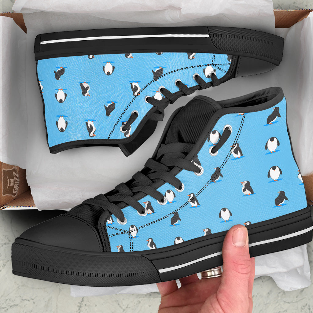 Blue Cute Penguin Print Pattern Black High Top Shoes-grizzshop