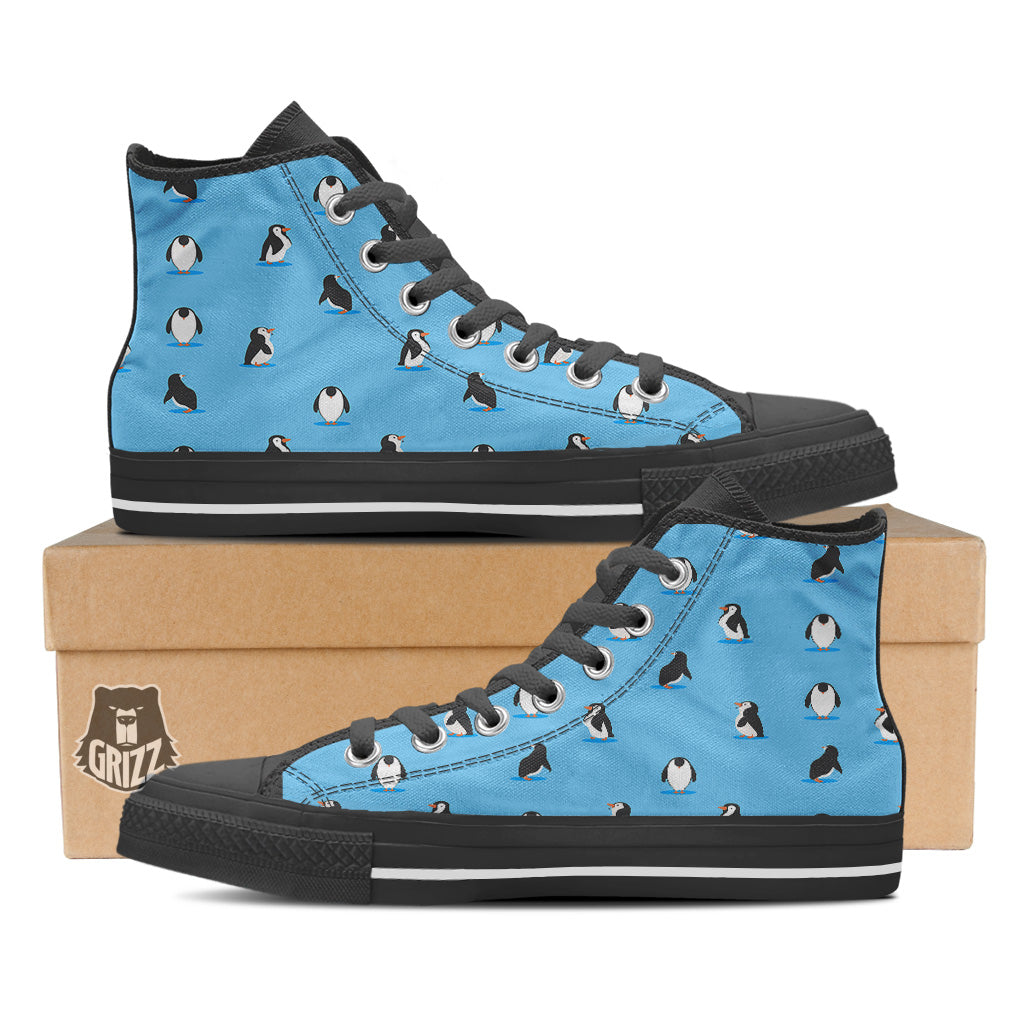 Blue Cute Penguin Print Pattern Black High Top Shoes-grizzshop