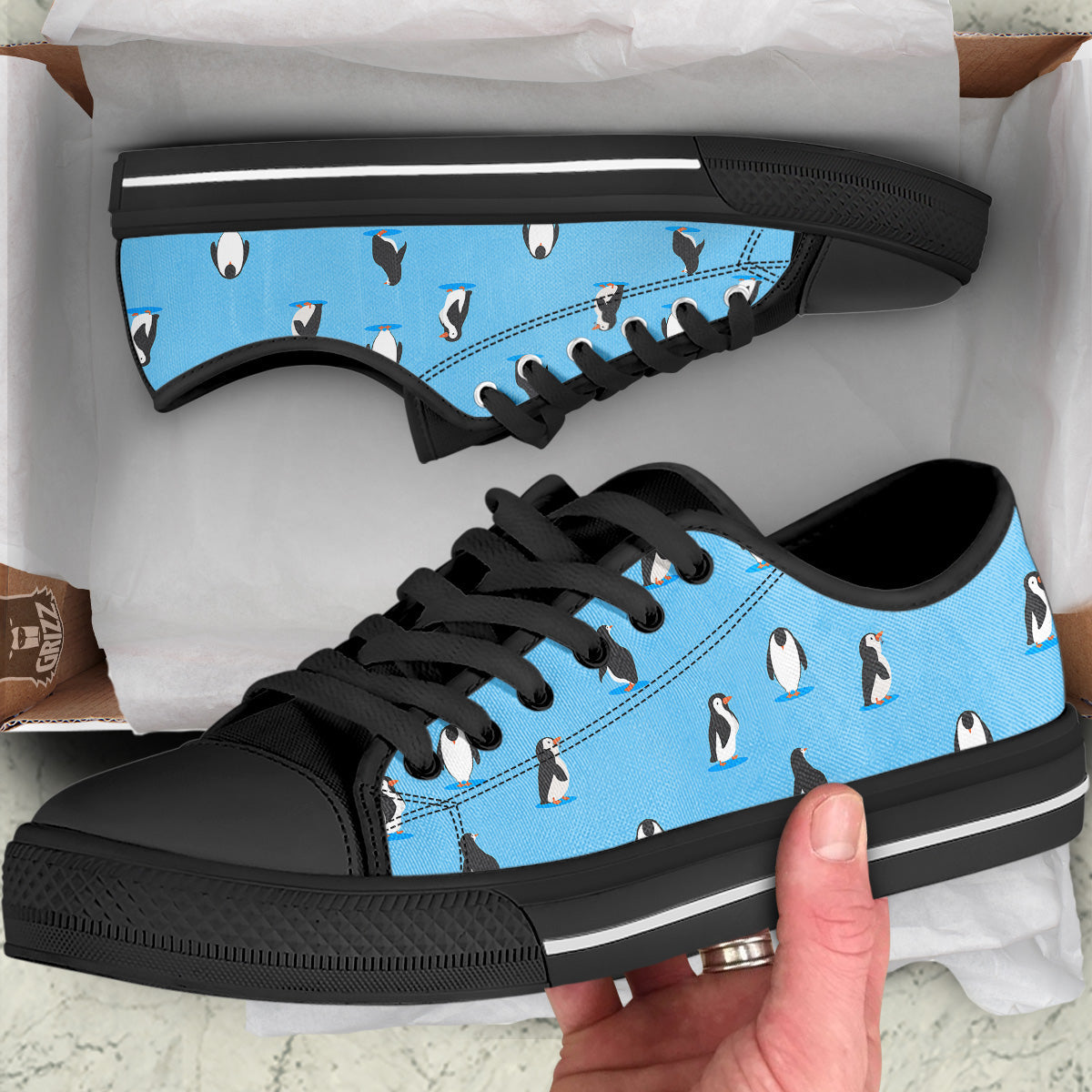 Blue Cute Penguin Print Pattern Black Low Top Shoes-grizzshop