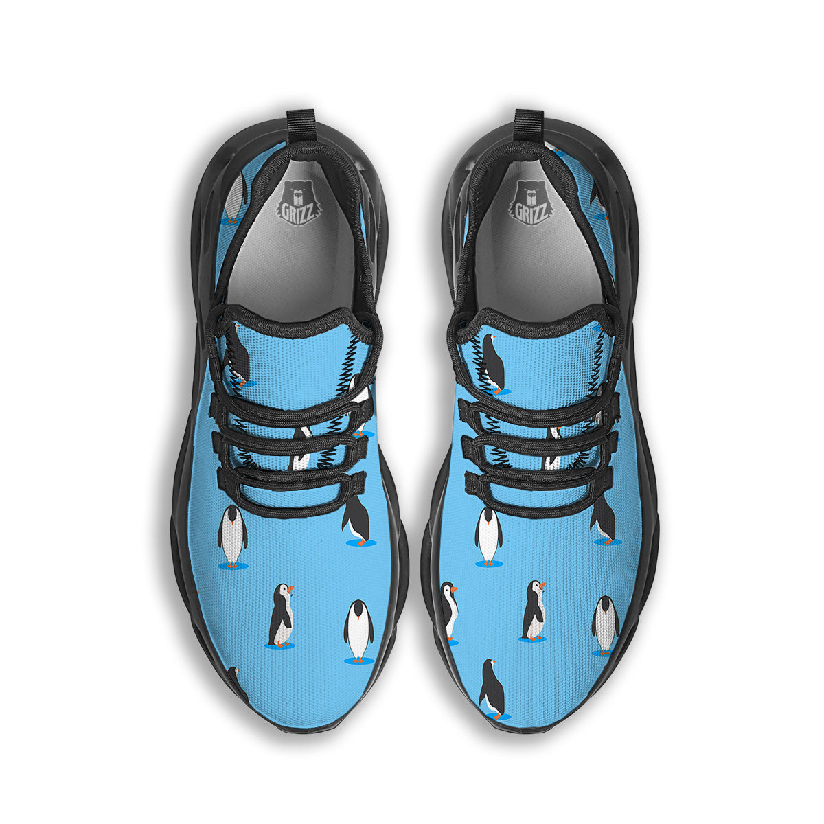 Blue Cute Penguin Print Pattern Black Running Shoes-grizzshop