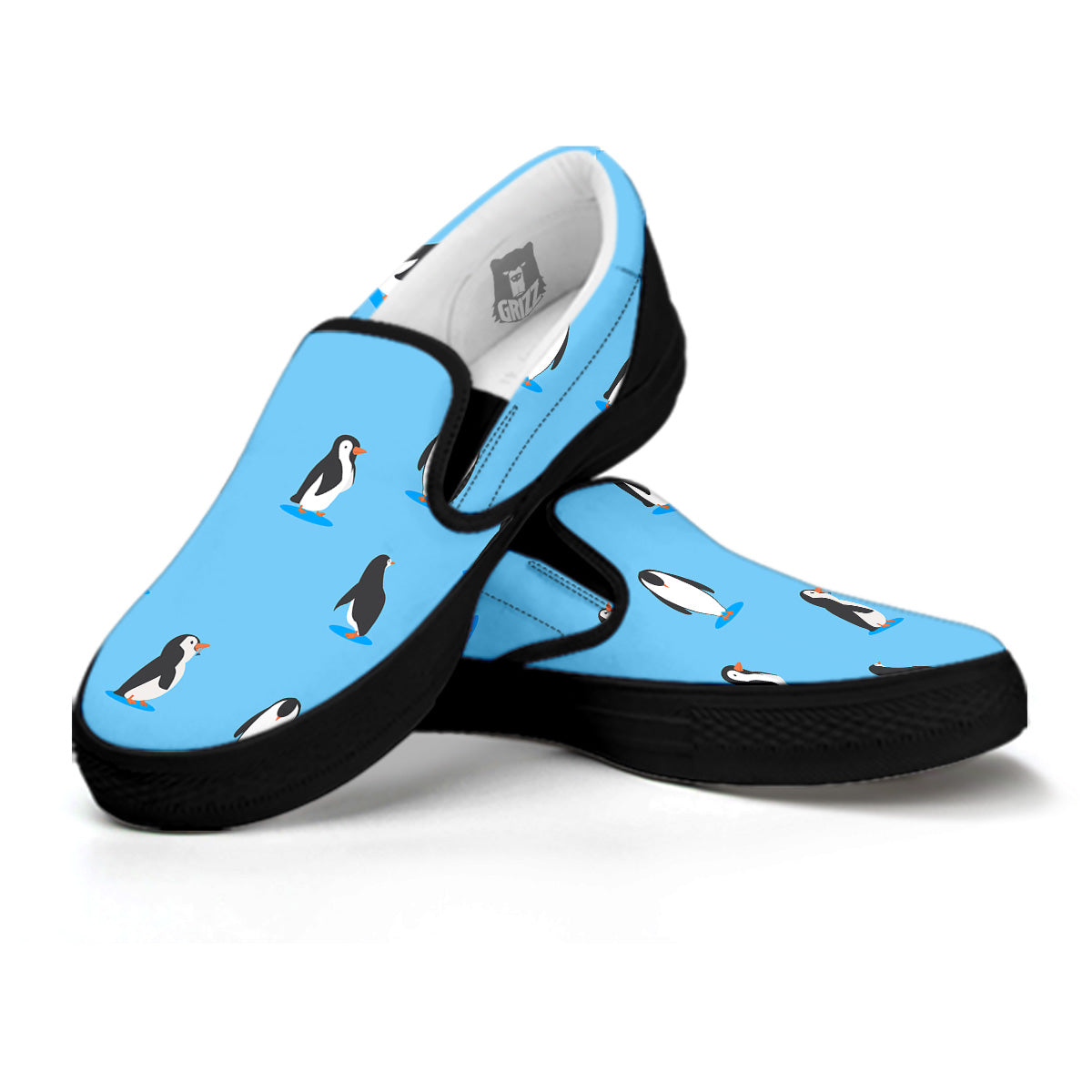 Blue Cute Penguin Print Pattern Black Slip On Shoes-grizzshop