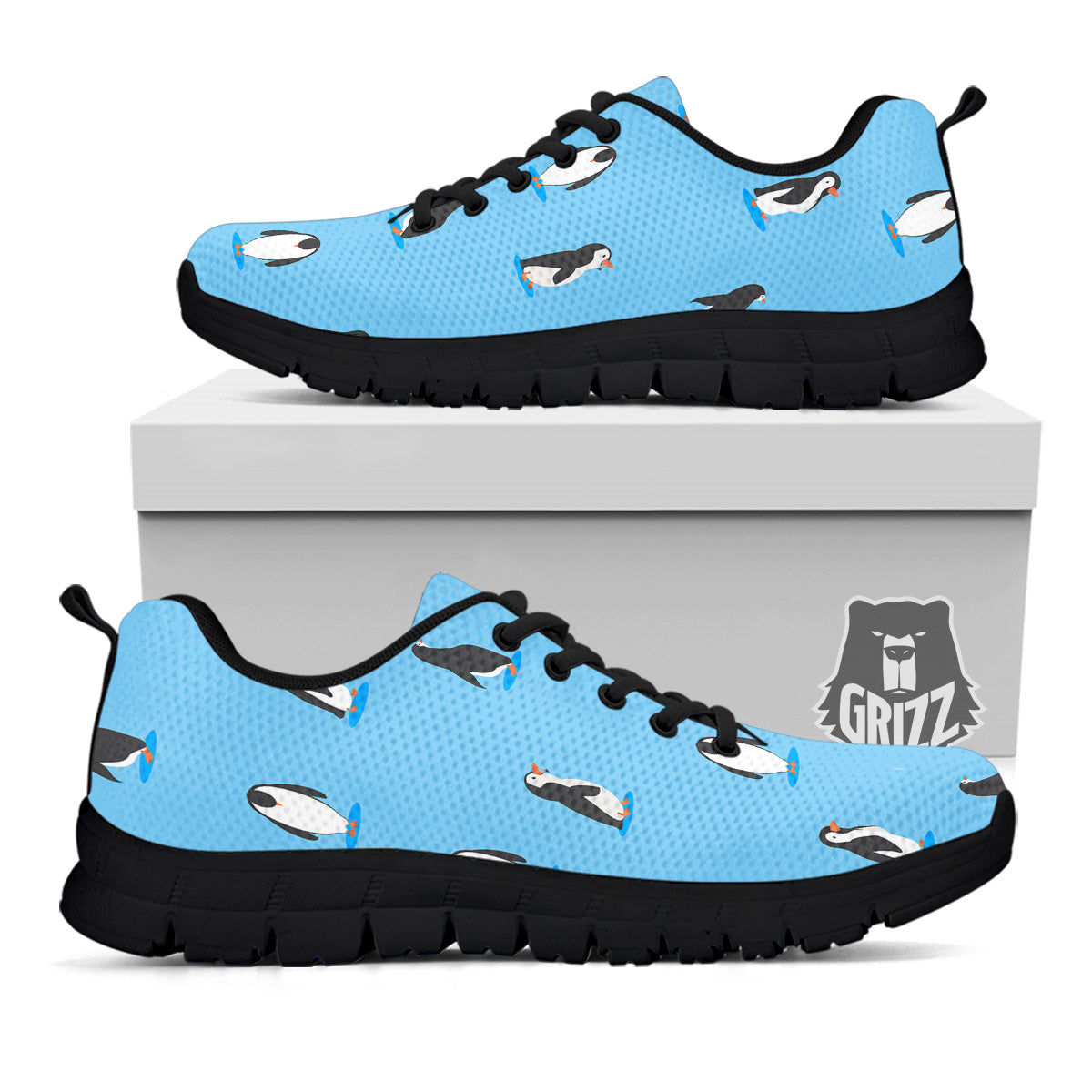 Blue Cute Penguin Print Pattern Black Sneaker-grizzshop