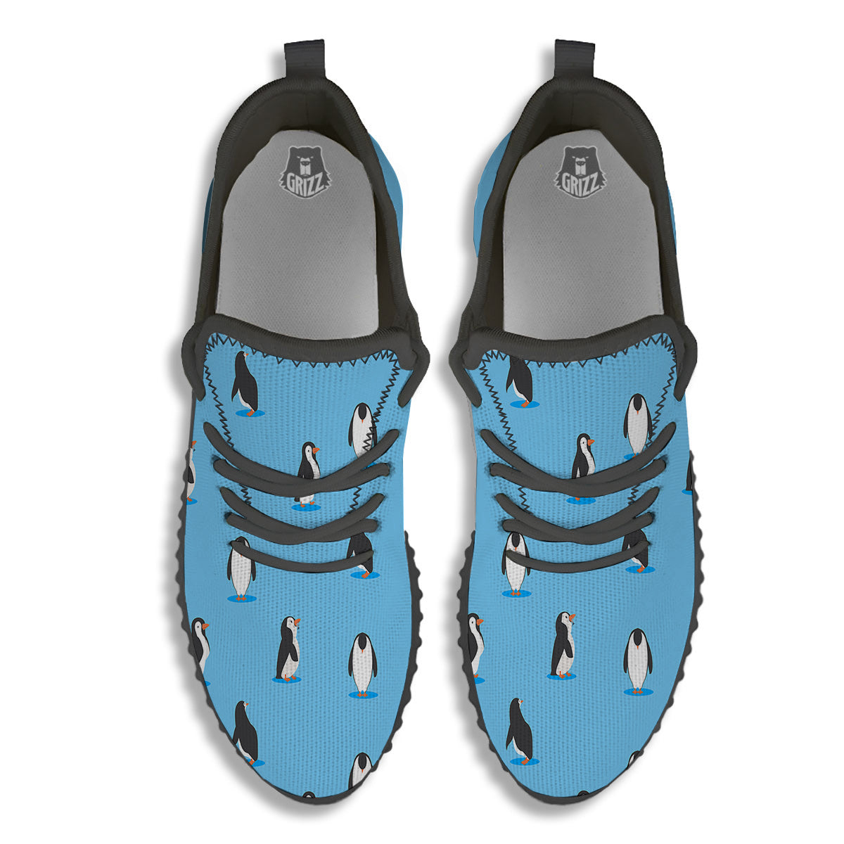 Blue Cute Penguin Print Pattern Black Walking Shoes-grizzshop